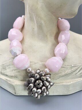 Vintage Very Chunky Rose Quartz Boulders, Pearls, Silver Flower Pendant Necklace